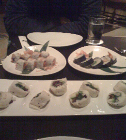 Sushi rolls: Shrimp Tempura ($9); the Garden Vegetable ($10), with cucumbers, shiitake, avocado, asparagus, spring mix and ponzu sauce in a soy paper wrapper; and the Spicy “Tail of Two Tunas” ($13), a combo of yellowfin and super white tuna, pickled jalapeno, and crispy fried shallots.