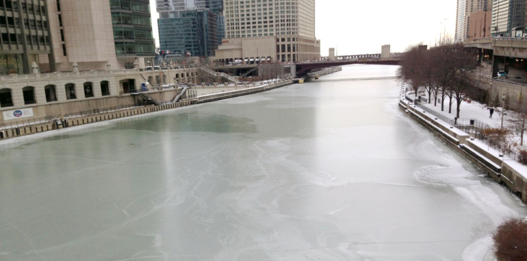The Frozen Chicago River in the middle of winter. Photo by Heather Leszczewicz.