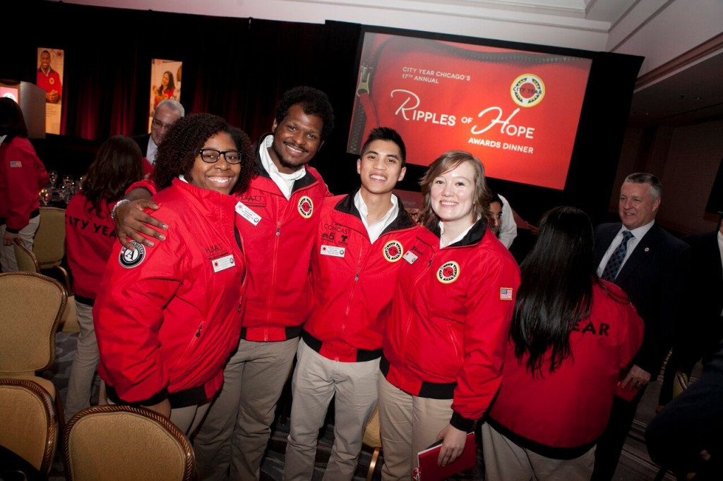City Year Chicago AmeriCorps members Charé Gilliam, Allen Scaife, Thaddeus Chatto and Jess Jankowski