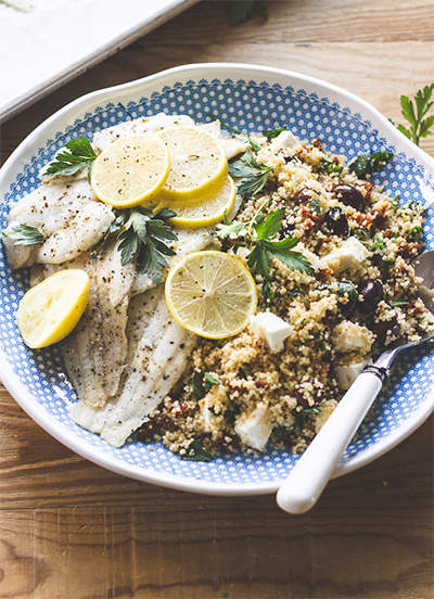 Baked Dover Sole + Whole Grain Mediterranean Cous Cous from The Clever Carrot