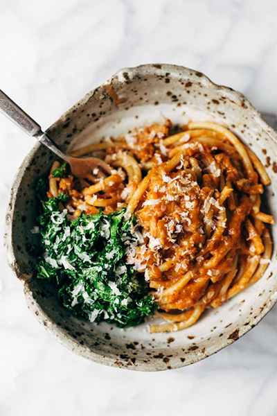 Halloween Recipes: Creamy Pumpkin Spaghetti With Garlic Kale from Pinch of Yum