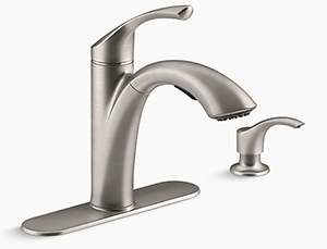 Mistos® 4-hole kitchen faucet with 11" pullout spout and soap/lotion dispenser