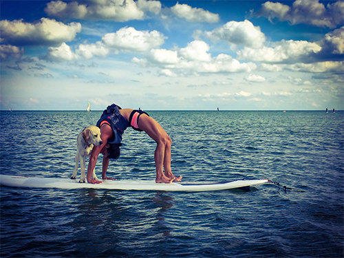stand-up paddleboard: Kristen Andrews with her dog Marley
