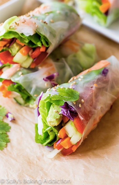 school lunch ideas: Homemade Fresh Summer Rolls with Easy Peanut Dipping Sauce from Sally's Baking Addiction
