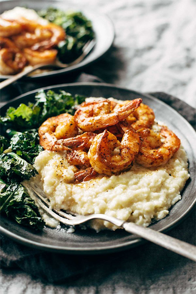 healthy recipes: Spicy Shrimp with Cauliflower Mash and Garlic Kale from Pinch of Yum