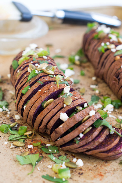 Fall Recipes: Hasselback Purple Sweet Potatoes from Rachael's Good Eats