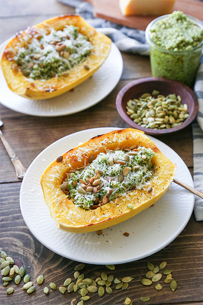 Fall Recipes: Spaghetti Squash with Broccoli-Pumpkin Seed Pesto from The Roasted Root