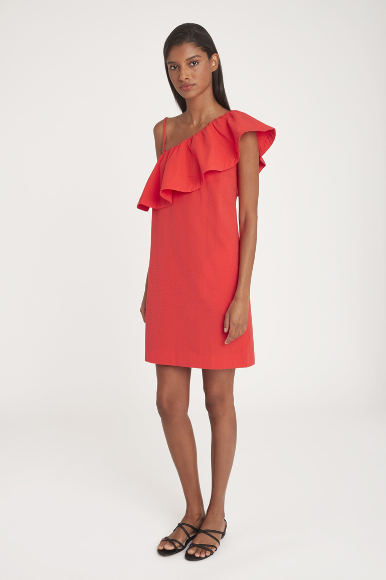 summer dresses: Cuyana Seersucker One-Shoulder Dress