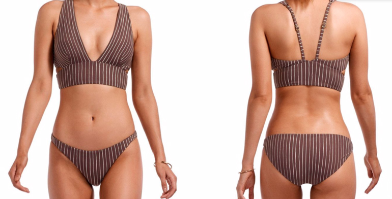 sustainable swimwear: Vitamin A Nicole Top and Luciana Bottom in Cigar Stripe