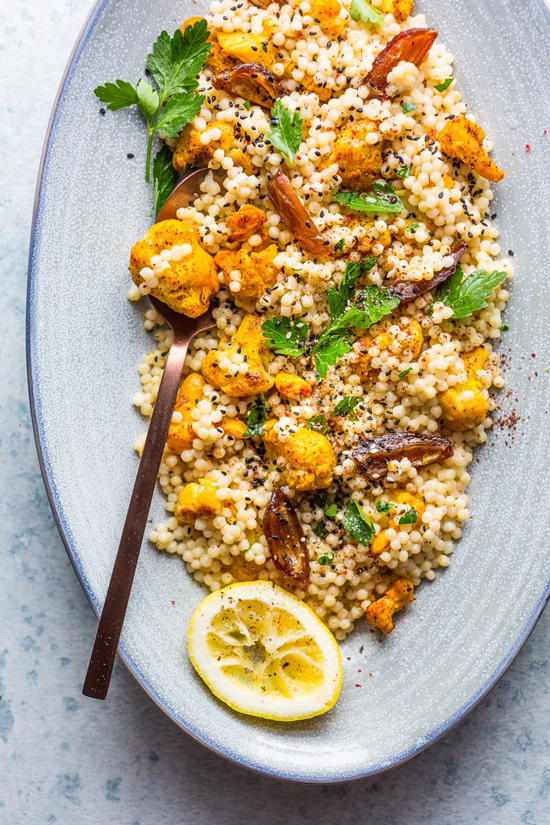 Salad Recipes: Roasted Cauliflower and Dates Couscous Salad With Tahini from Vegetarian Ventures