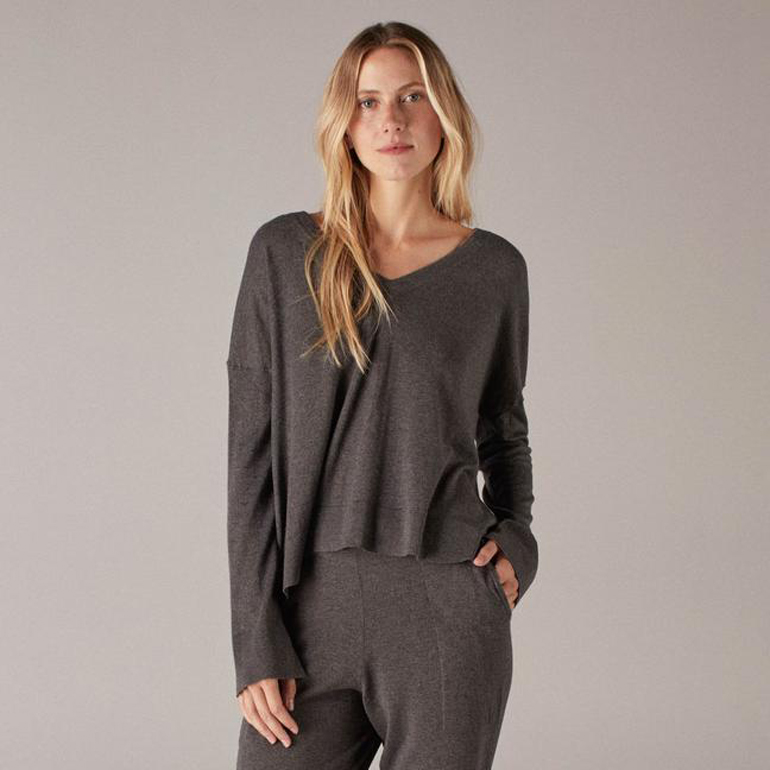 Fall Sweaters: Naadam Volant Silk Cashmere V Neck High Low in Smoke