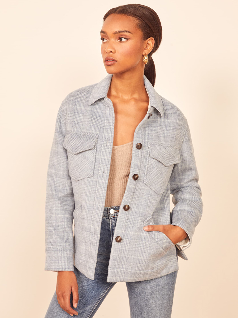 Fall Jackets: Reformation Woodside Jacket in Light Blue Check