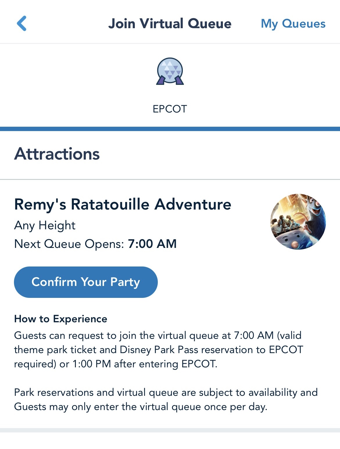 Confirm your party Remy Disney World EPCOT