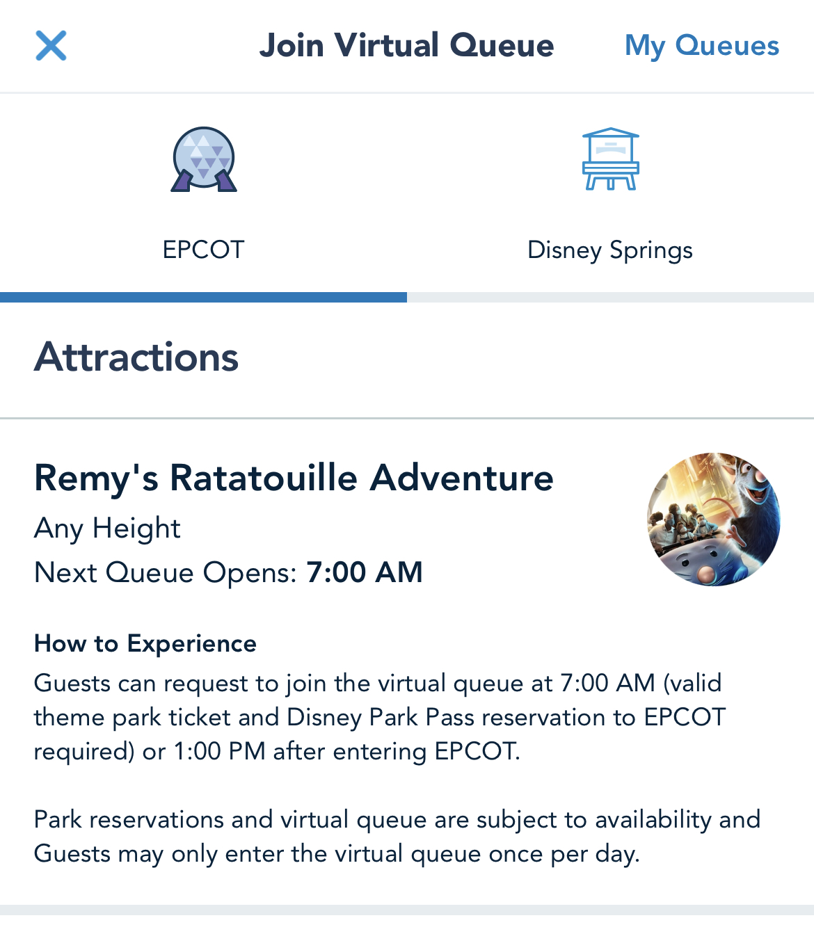 Join Virtual Queue Remy Disney World