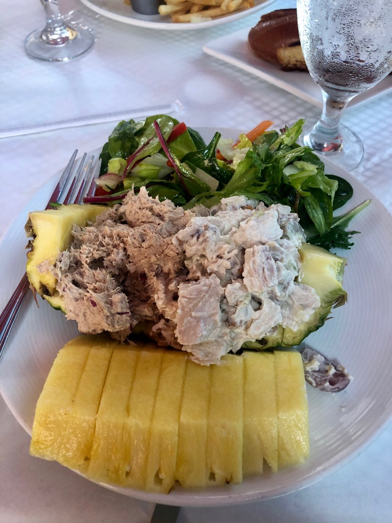 Restaurant lunch: pineapple boat with tuna and chicken salad (mayo is allowed)