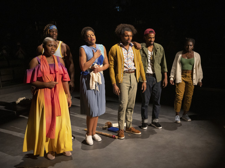(left to right) Alexis Ward, Sheldon D. Brown, Jessica Dean Turner, Max Thomas, DeMorris Burrows and Sola Thompson in Steppenwolf Theatre’s world premiere adaptation of 1919 by Eve L. Ewing, adapted by J. Nicole Brooks, directed by Gabrielle Randle-Bent and Tasia A. Jones, running now through October 29, 2022 | Photo by Michael Brosilow