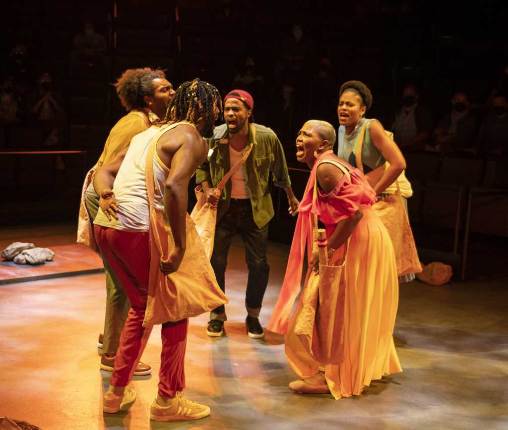 (left to right) Alexis Ward, Sola Thompson, Sheldon D. Brown, DeMorris Burrows, Max Thomas and Jessica Dean Turner in Steppenwolf Theatre’s world premiere adaptation of 1919 by Eve L. Ewing, adapted by J. Nicole Brooks, directed by Gabrielle Randle-Bent and Tasia A. Jones, running now through October 29, 2022. Photo by Michael Brosilow.