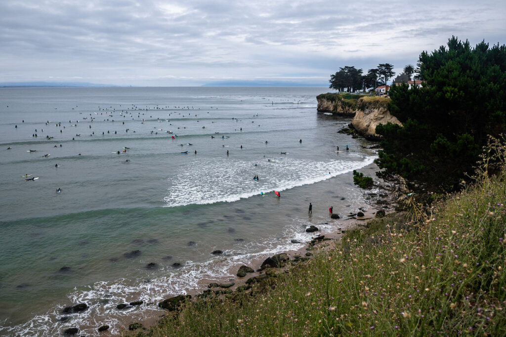 Cowell's beach santa cruz, packed with surfers, photo Ryan Chachi Craig