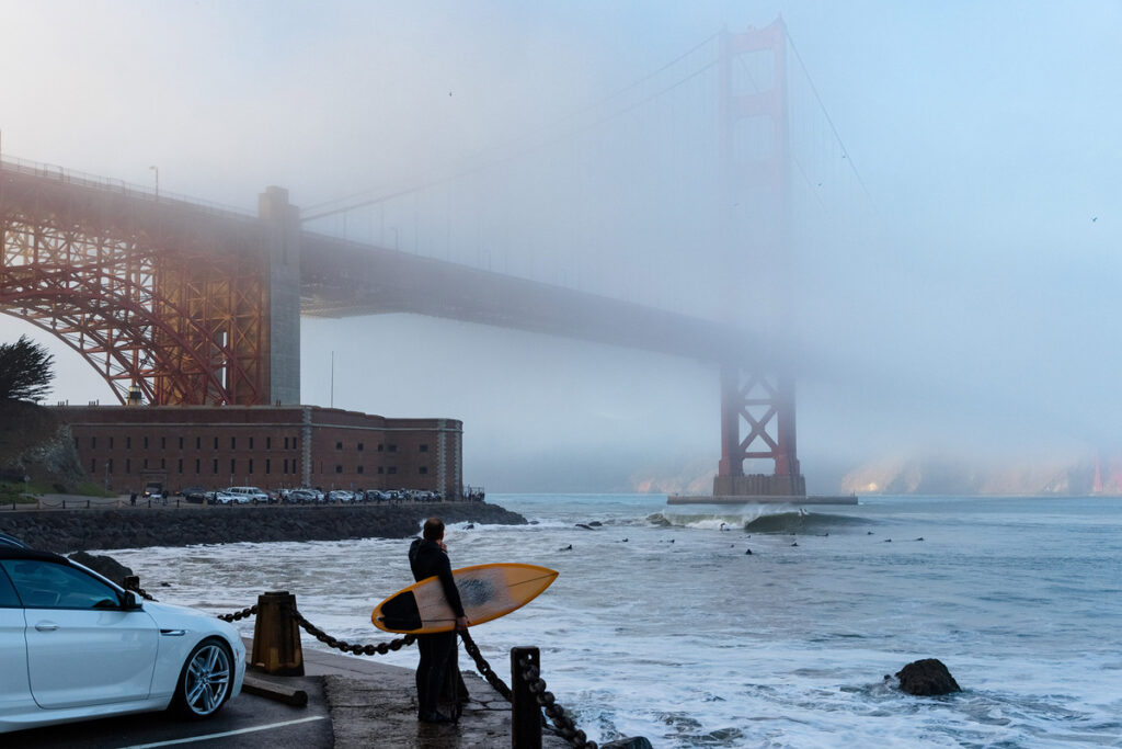 Foggy Fort Point San Francisco with Surfer, photo by ryan chachi craig