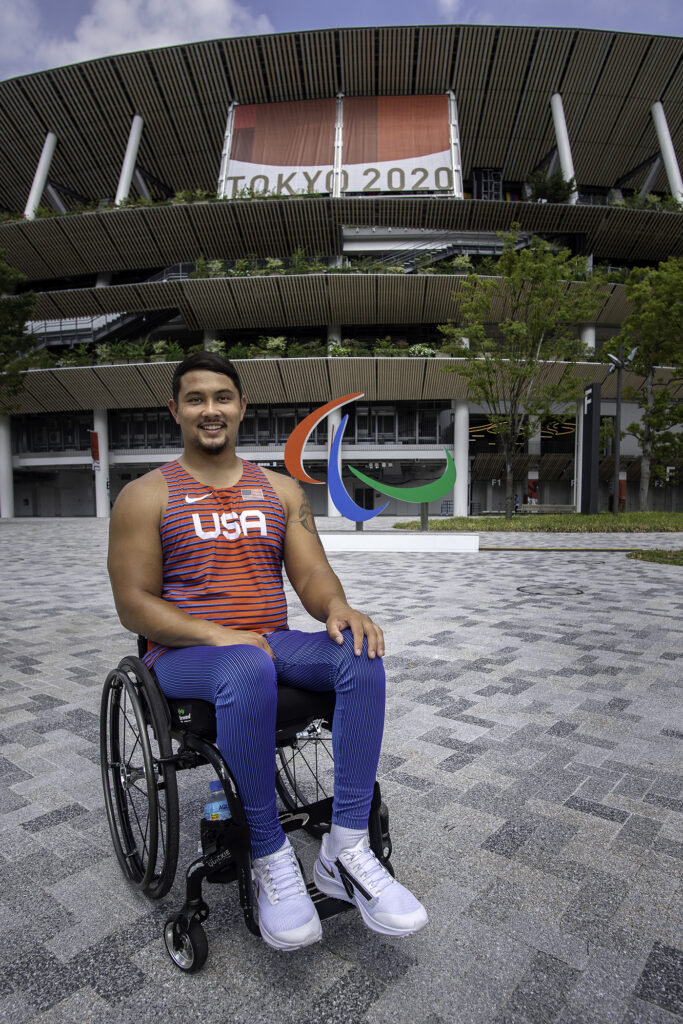 Team USA javelinist Justin Phongsavanh at the Olympic Stadium in Tokyo.