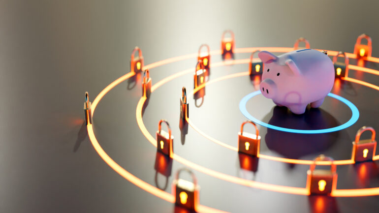 Piggy bank, security and data protection concept, 3D render