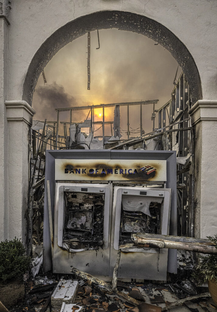 January 8, 2024:  A destroyed Bank of America cash mashine  in Pacific Palisades during the Palisades Fire. 