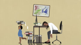 Mother Mom Exhausted businesswoman sleeping at desk in home office with playing son