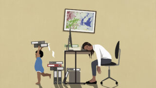 Mother Mom Exhausted businesswoman sleeping at desk in home office with playing son