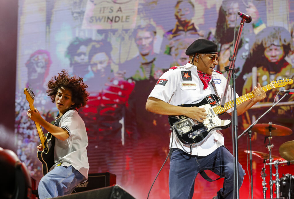 Tom Morello (R) and his son Roman Morello (L) perform on July 14, 2024 in Novi Sad, Serbia.