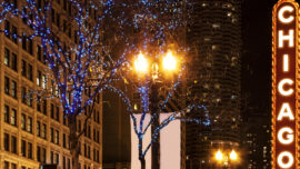 Photo of Chicago's Illuminated sign, at night. Buildings and trees with christmas ornaments.