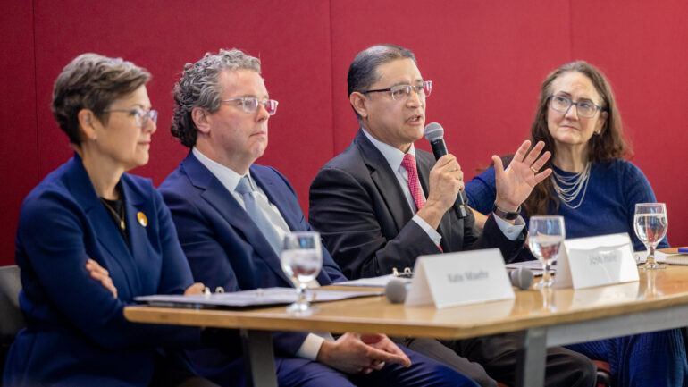 Kate Maehr, Executive Director and CEO, Greater Chicago Food Depository, Josh Hale, President and CEO, Big Shoulders Fund, Ric Estrada, CEO, Metropolitan Family Services, and Sally Blount, CEO, Catholic Charities, gathered for a panel discussion for Pope Leo XIV’s World Day of the Poor.