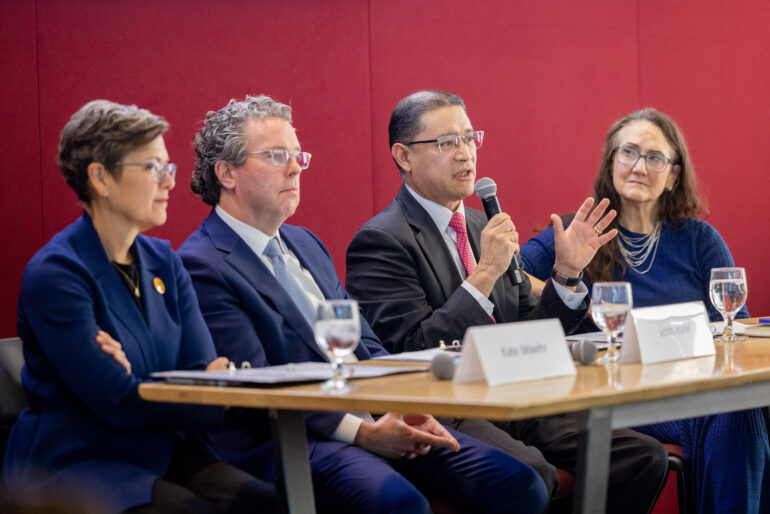 Kate Maehr, Executive Director and CEO, Greater Chicago Food Depository, Josh Hale, President and CEO, Big Shoulders Fund, Ric Estrada, CEO, Metropolitan Family Services, and Sally Blount, CEO, Catholic Charities, gathered for a panel discussion for Pope Leo XIV’s World Day of the Poor.