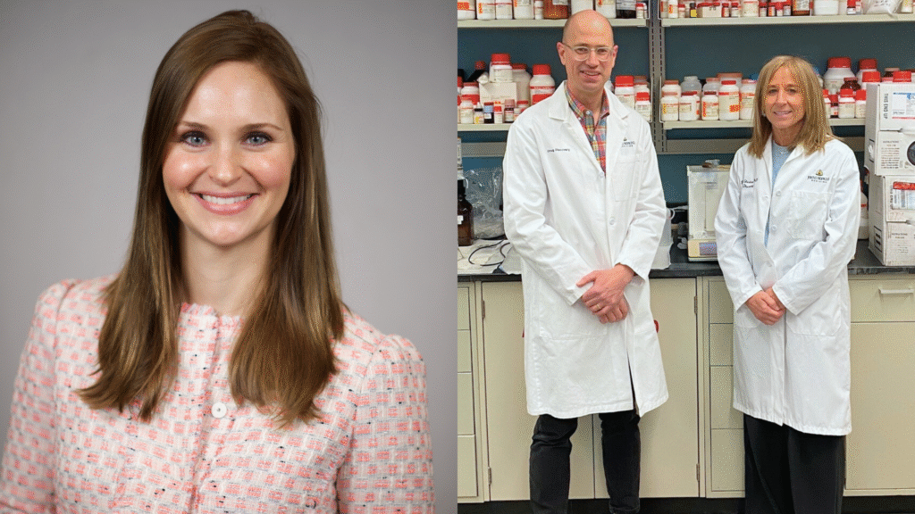 Left: Laura Steele, Senior Vice President of U.S. Neuroscience, Eli Lilly. Right: Dr. Barbara Slusher, Director, Johns Hopkins Drug Discovery; and Dr. Matthew Stremlau, APOE4 Project Lead. Photo by Peter Pietri.