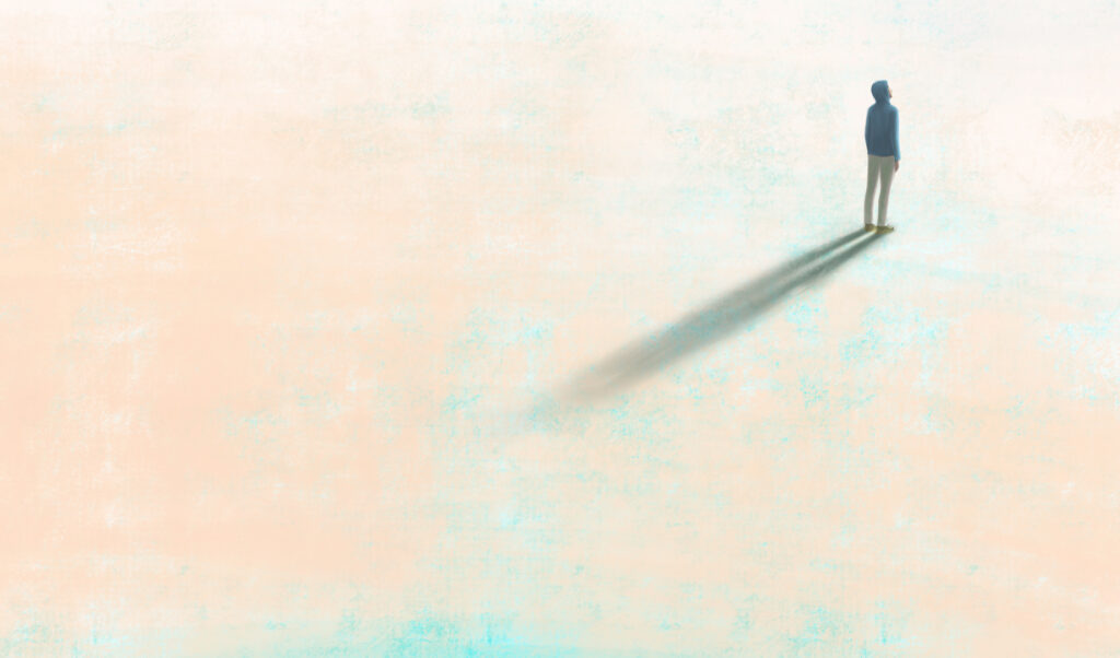 Man alone with the light, painting illustration, surreal art, lonely solitude and hope concept, artwork