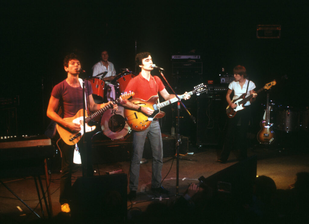 LOS ANGELES, CA - CIRCA 1980: (L-R) Jerry Harrison, David Byrne, Chris Frantz and Tina Weymouth of The Talking Heads perform onstage in circa 1980 Los Angeles, California.