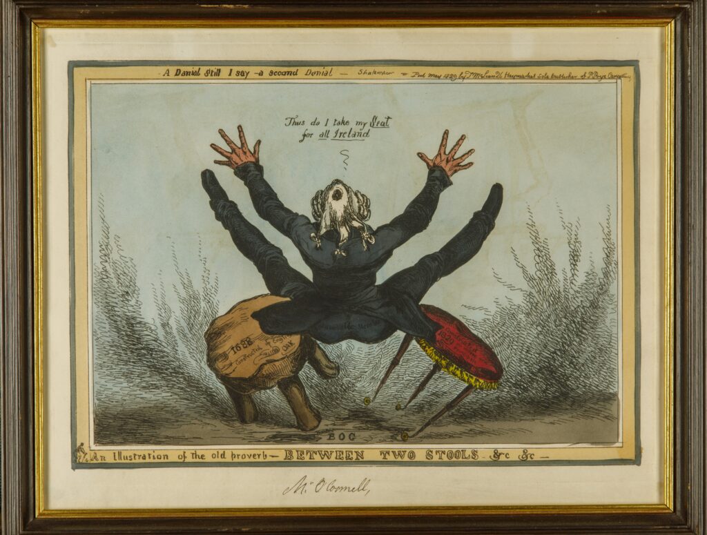 An Illustration of the old proverb BETWEEN TWO STOOLS to I take my Seat for all Ireland, William Heath (Paul Pry)