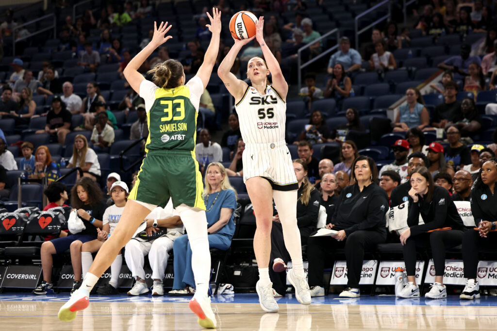 CHICAGO, ILLINOIS - JULY 15: Chloe Bibby #55 of the Chicago Sky shoots over Katie Lou Samuelson #33 of the Seattle Storm during the first half at Wintrust Arena on July 15, 2026 in Chicago, Illinois. NOTE TO USER: User expressly acknowledges and agrees that, by downloading and or using this photograph, User is consenting to the terms and conditions of the Getty Images License Agreement. (Photo by Geoff Stellfox/Getty Images)