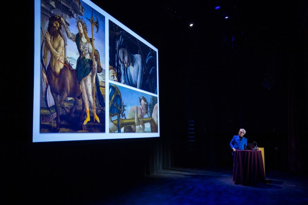 David Byrne discusses Botticelli onstage at Chicago Humanities at Athanaeum Theatre in Chicago
