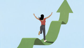 high impact investing, Excited woman running on ascending green arrow against blue background