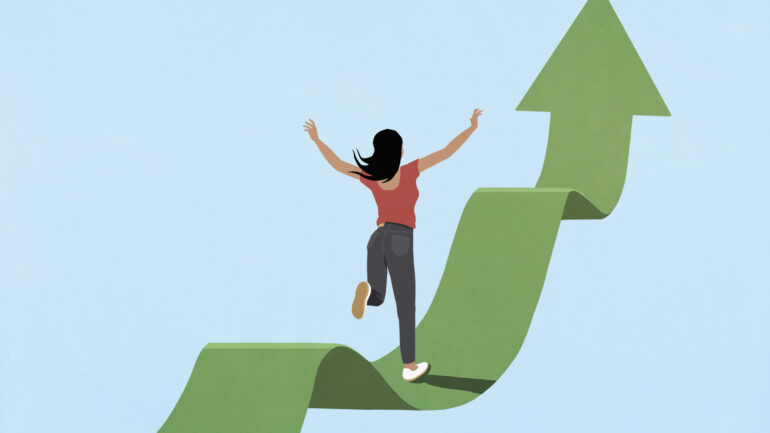 high impact investing, Excited woman running on ascending green arrow against blue background