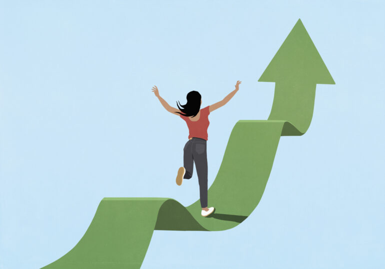 high impact investing, Excited woman running on ascending green arrow against blue background